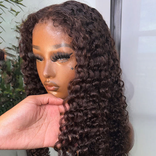 Reddish Brown 4C Hairline Kinky Edges Deep Wave Glueless Human Hair Wig with Bleached Knots