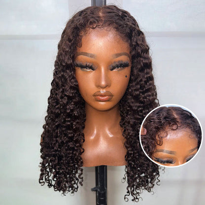 Reddish Brown 4C Hairline Kinky Edges Deep Wave Glueless Human Hair Wig with Bleached Knots
