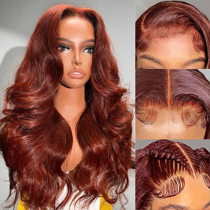Reddish Brown Body Wave Glueless Wig 13x4 Pre-All HD Lace Front Real Ear To Ear Human Hair Wigs
