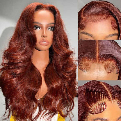 Reddish Brown Body Wave Glueless Wig 13x4 Pre-All HD Lace Front Real Ear To Ear Human Hair Wigs