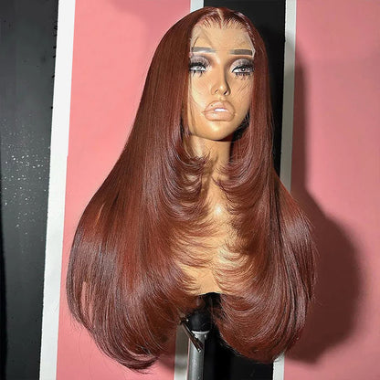 Reddish Brown Straight Layered Cut 13x4/13x6 Lace Front Wig #33 Auburn Color Human Hair Wigs