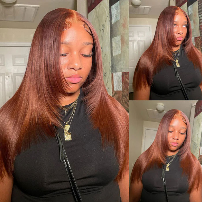 Reddish Brown Straight Layered Cut 13x4/13x6 Lace Front Wig #33 Auburn Color Human Hair Wigs