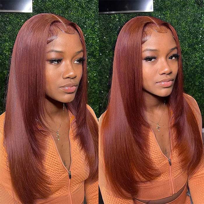Reddish Brown Straight Layered Cut 13x4/13x6 Lace Front Wig #33 Auburn Color Human Hair Wigs