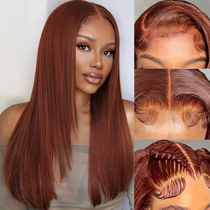 Reddish Brown Straight Layered Cut 13x4/13x6 Lace Front Wig #33 Auburn Color Human Hair Wigs