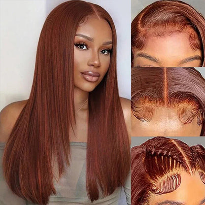 Reddish Brown Straight Layered Cut 13x4/13x6 Lace Front Wig #33 Auburn Color Human Hair Wigs