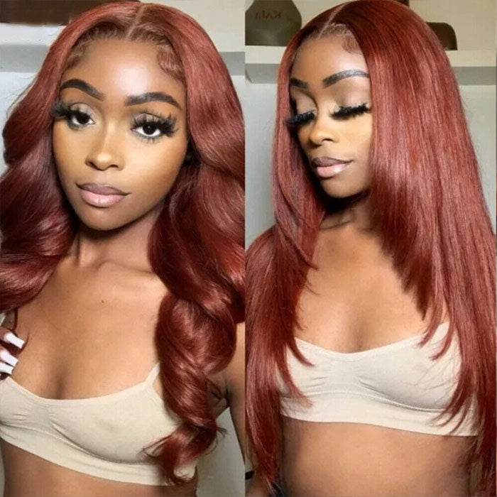 Reddish Brown Straight Layered Cut 13x4/13x6 Lace Front Wig #33 Auburn Color Human Hair Wigs