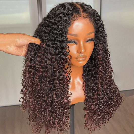 Reddish Brown with Dark Roots 4B 4C Hairline Kinky Edges Jerry Curly Ombre Human Hair Glueless Wig