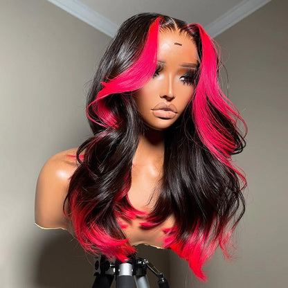 Rose Red Skunk Stripe Body Wave Ready to Wear Wig Pre Plucked Hot Pink and Black Colored Human Hair Wigs
