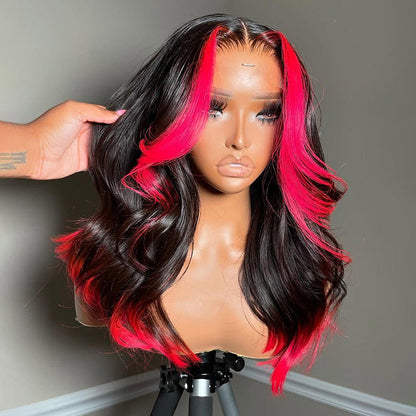 Rose Red Skunk Stripe Body Wave Ready to Wear Wig Pre Plucked Hot Pink and Black Colored Human Hair Wigs