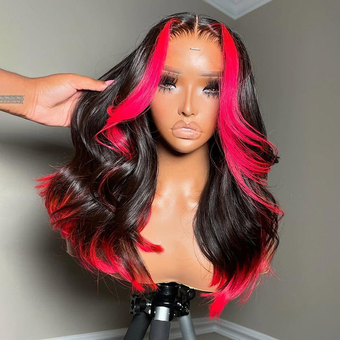 Rose Red Skunk Stripe Body Wave Ready to Wear Wig Pre Plucked Hot Pink and Black Colored Human Hair Wigs