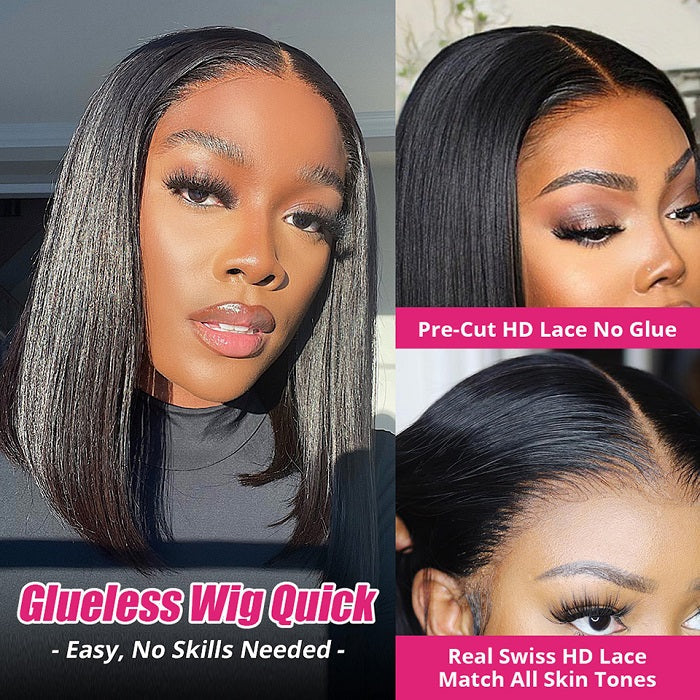 Pre Cut Wigs Air Cap Straight Bob Wig  HD Lace Wigs Glueless Human Hair Wigs Beginner Friendly