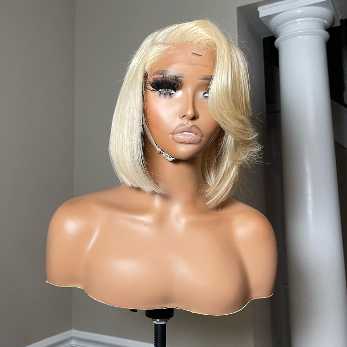 Side Part Bangs 613 Honey Blonde Bob Wig Straight Asymmetrical Bob Haircuts Short Human Hair Wigs