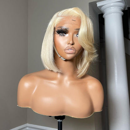 Side Part Bangs 613 Honey Blonde Bob Wig Straight Asymmetrical Bob Haircuts Short Human Hair Wigs