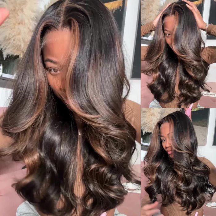 Skunk Stripe Blonde Money Piece Brown Body Wave Glueless HD Lace Front Wig Ombre Human Hair Wigs