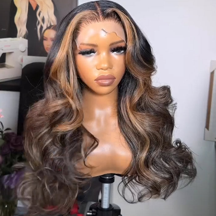 Skunk Stripe Blonde Money Piece Brown Body Wave Glueless HD Lace Front Wig Ombre Human Hair Wigs