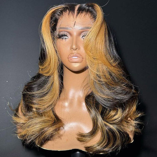 Skunk Stripe Yellow Ginger Brown Face-Framing Curtain Bangs Layered Cut Body Wave HD Lace Human Hair Wig
