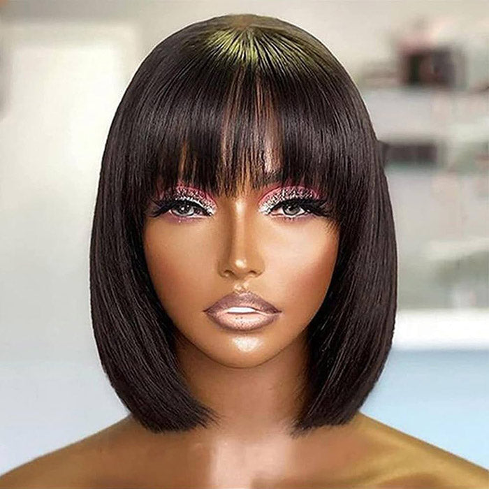 [BOGO] Straight Bob Wig with Bangs Blunt Cut 220% Desnity Glueless Human Hair Bob Wigs Beginner Friendly Special Offer