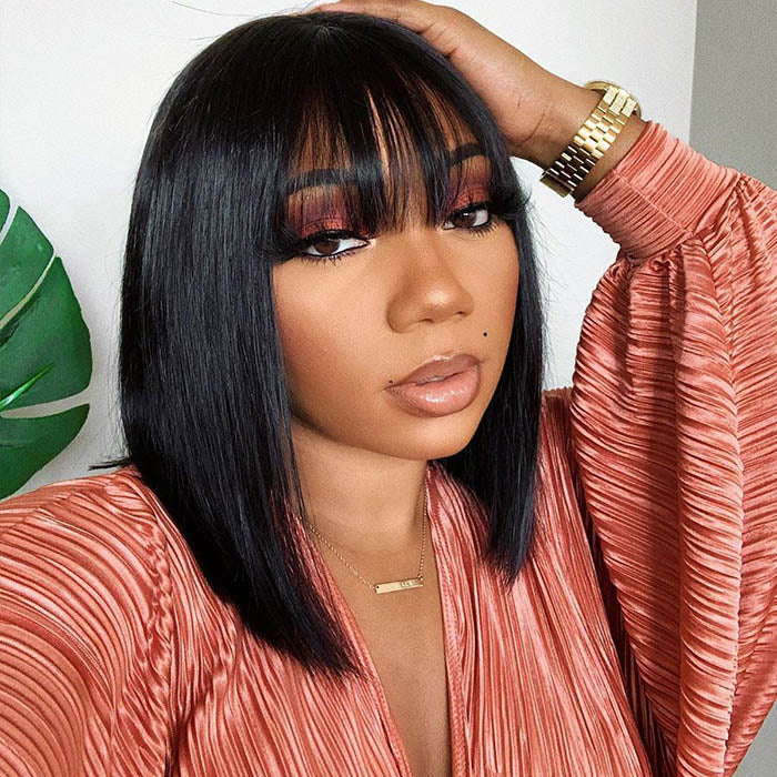 [BOGO] Straight Bob Wig with Bangs Blunt Cut 220% Desnity Glueless Human Hair Bob Wigs Beginner Friendly Special Offer