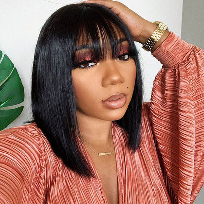 [BOGO] Straight Bob Wig with Bangs Blunt Cut 220% Desnity Glueless Human Hair Bob Wigs Beginner Friendly Special Offer