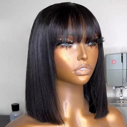 [BOGO] Straight Bob Wig with Bangs Blunt Cut 220% Desnity Glueless Human Hair Bob Wigs Beginner Friendly Special Offer
