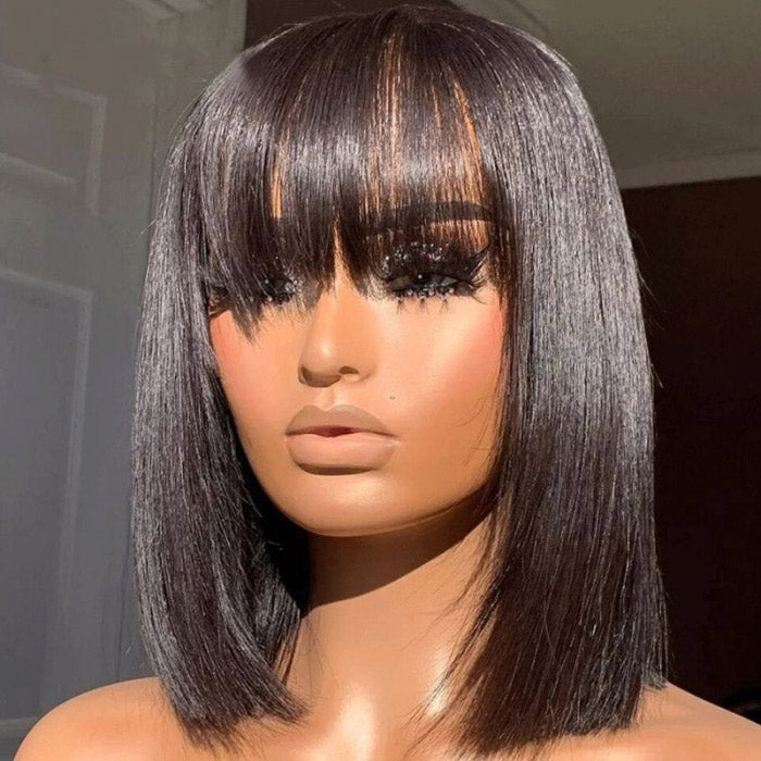 [BOGO] Straight Bob Wig with Bangs Blunt Cut 220% Desnity Glueless Human Hair Bob Wigs Beginner Friendly Special Offer
