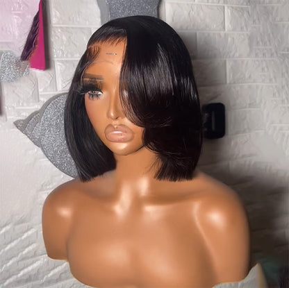 Straight Short Bob Side Part Bangs Glueless Wig Blunt Cut Swoop Bangs Human Hair HD Lace Front Wig