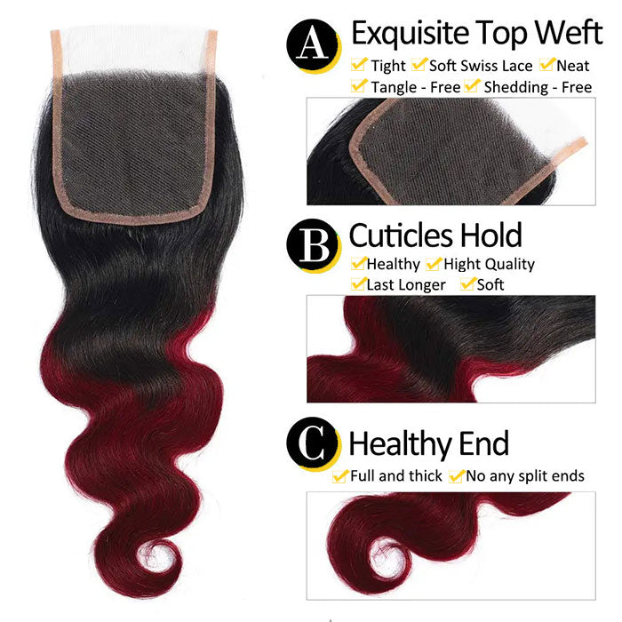 Subella Hair T1B/99j Ombre Body Wave Human Hair 3 Bundles With 4x4 Lace Closure