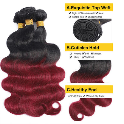 Subella Hair T1B/99j Ombre Body Wave Human Hair 3 Bundles With 4x4 Lace Closure