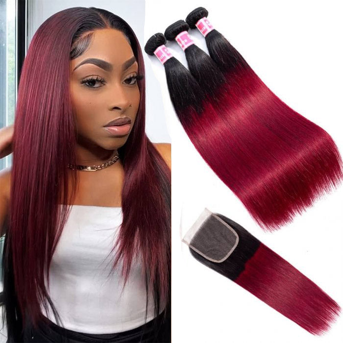 Subella Hair T1B/99j Ombre Straight Human Hair 3 Bundles With 4x4 Lace Closure