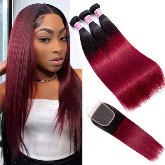 Subella Hair T1B/99j Ombre Straight Human Hair 3 Bundles With 4x4 Lace Closure