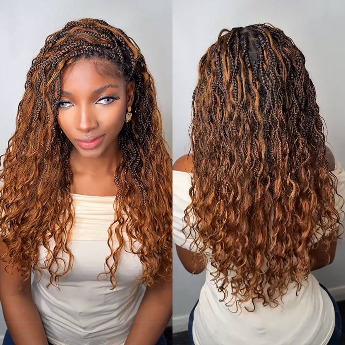 T1B/30 Boho Knotless Braids Wigs 13x6 Full Lace Ombre Human Hair Wigs Ginger Brown with Drak Roots
