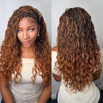 T1B/30 Boho Knotless Braids Wigs 13x6 Full Lace Ombre Human Hair Wigs Ginger Brown with Drak Roots