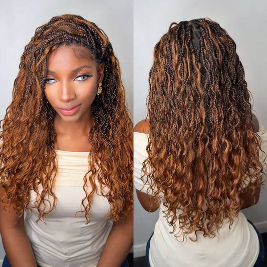 T1B/30 Boho Knotless Braids Wigs 13x6 Full Lace Ombre Human Hair Wigs Ginger Brown with Drak Roots