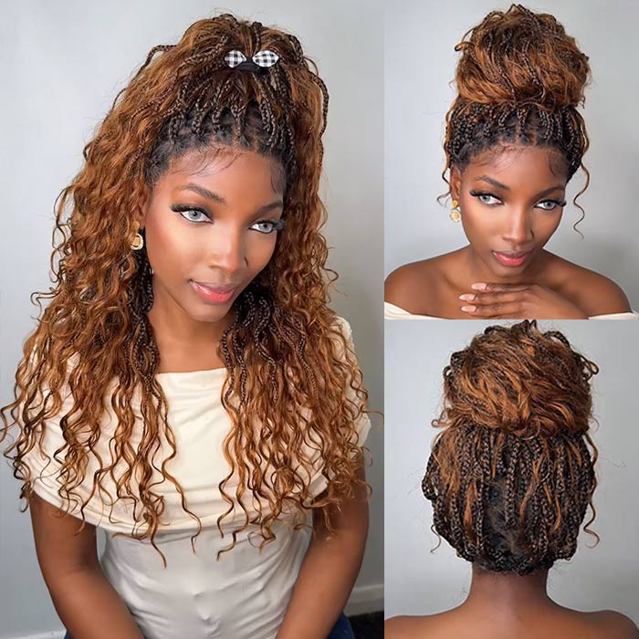 T1B/30 Boho Knotless Braids Wigs 13x6 Full Lace Ombre Human Hair Wigs Ginger Brown with Drak Roots