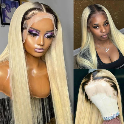 T1B/613 Dark Roots Blonde Wig Pre Bleached Ombre Straight HD Lace Front Human Hair Wigs