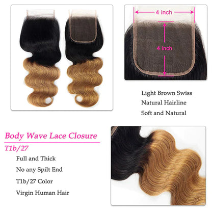 Ombre 1B27 Body Wave Human Hair 3 Bundles With 4x4 Lace Closure