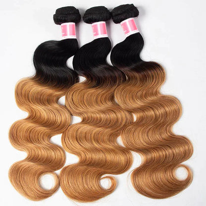 Ombre 1B27 Body Wave Human Hair 3 Bundles With 4x4 Lace Closure