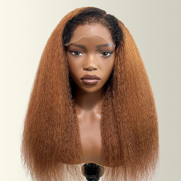 T1B/30 Dark Roots 4C Kinky Edges Hairline Kinky Straight Glueless Wig Pre Cut HD Lace Ombre Human Hair Wigs