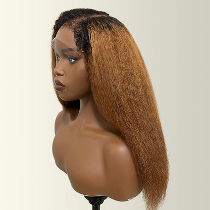 T1B/30 Dark Roots 4C Kinky Edges Hairline Kinky Straight Glueless Wig Pre Cut HD Lace Ombre Human Hair Wigs