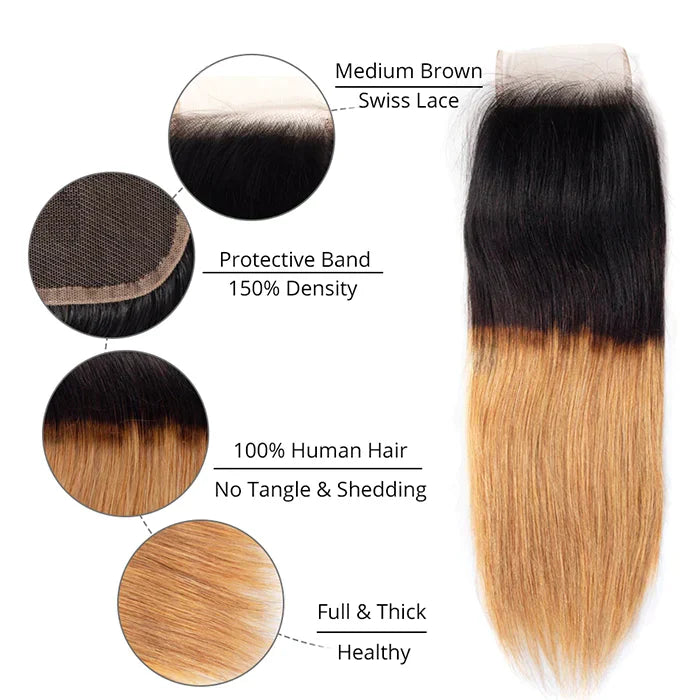 Ombre 1B27 Straight Human Hair 3 Bundles With 4x4 Lace Closure