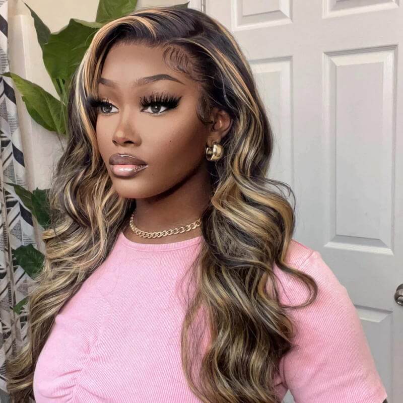 Balayage Highlight Wigs Colored HD Transaparent 13x4 Lace Frontal Wigs 1B/27 Body Wave Human Hair Wigs Free Part