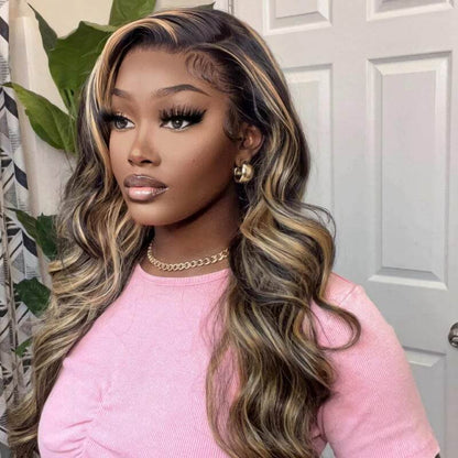 Balayage Highlight Wigs Colored HD Transaparent 13x4 Lace Frontal Wigs 1B/27 Body Wave Human Hair Wigs Free Part