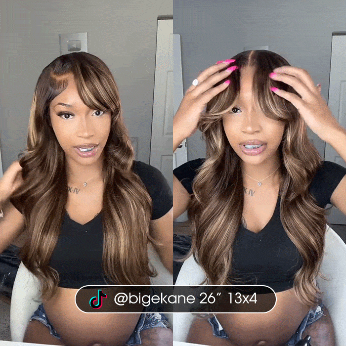 Curtain Bangs Body Wave Human Hair Wig Blonde Highlight 13x4 HD Lace Frontal Wig