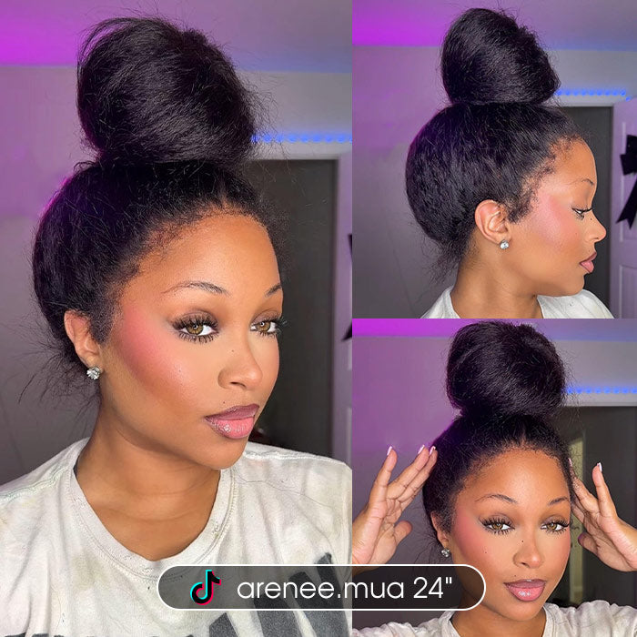 4C Edges Kinky Straight 360 HD Lace Human Hair Yaki Wig With Super Natural Hairline
