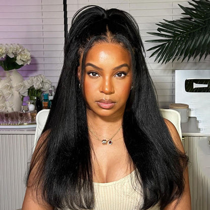 Yaki Straight Glueless Wig Pre Plucked 8x5 Pre Cut HD Lace Put On Go Human Hair Wigs