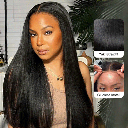 Yaki Straight Glueless Wig Pre Plucked 8x5 Pre Cut HD Lace Put On Go Human Hair Wigs