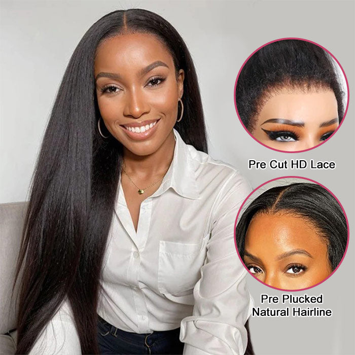 Yaki Straight Glueless Wig Pre Plucked 8x5 Pre Cut HD Lace Put On Go Human Hair Wigs