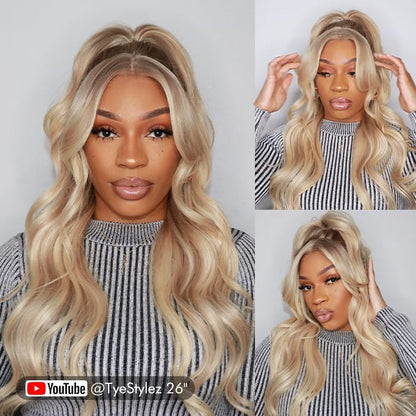 Curtain Bangs Blonde Hair With Highlights Wig Body Wave Glueless HD Lace Human Hair Wigs