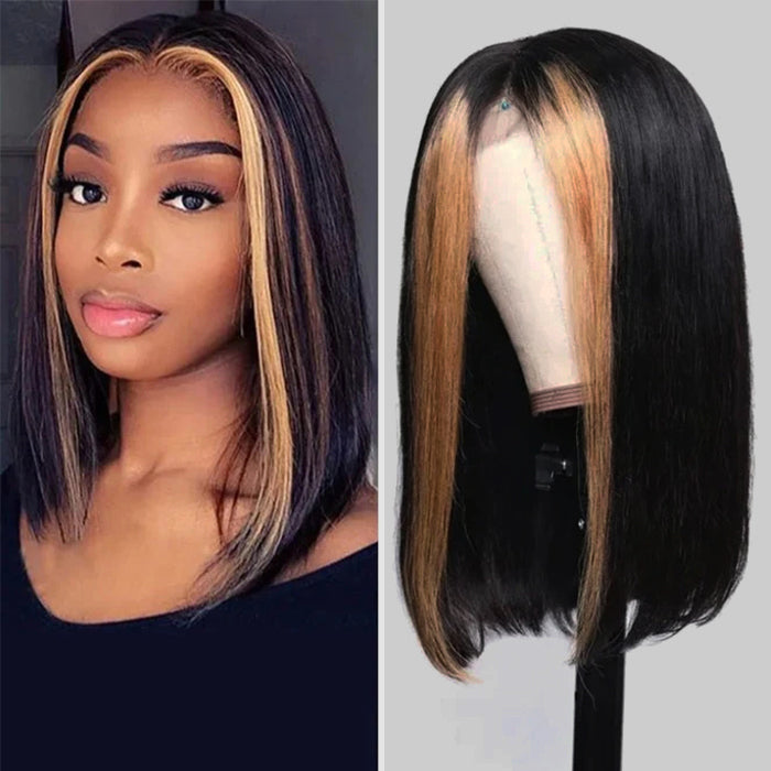 Straight Short Bob 13x4 Lace Font Wig With Blonde Highlights Streaks In Front Bob Wigs