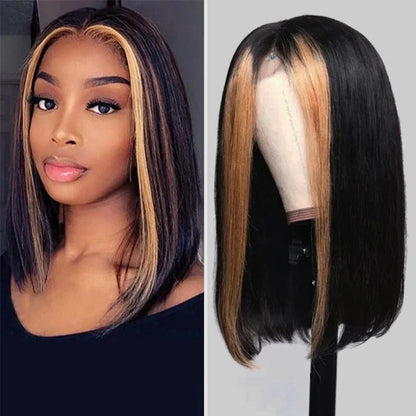 Straight Short Bob 13x4 Lace Font Wig With Blonde Highlights Streaks In Front Bob Wigs
